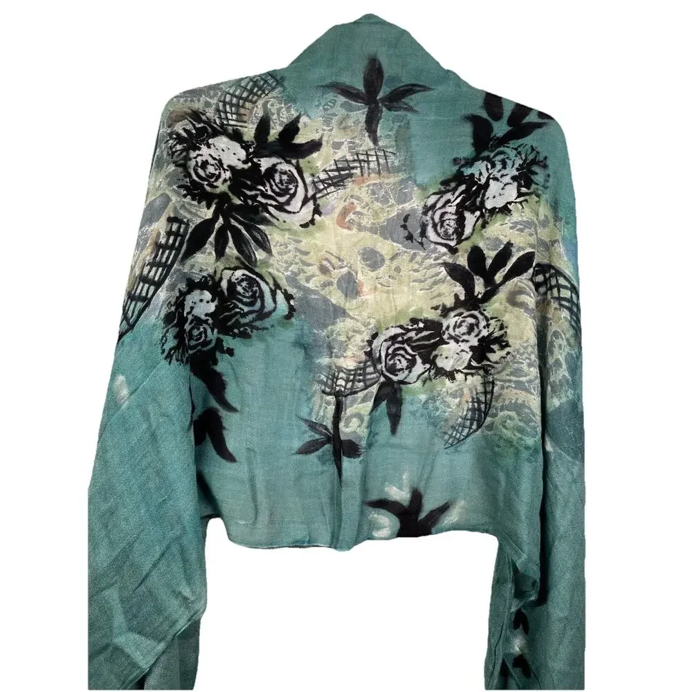 Fringe Dark Floral Rose Shawl Wrap Pashmina Viscose Boho Beach Teal Sacred Heart